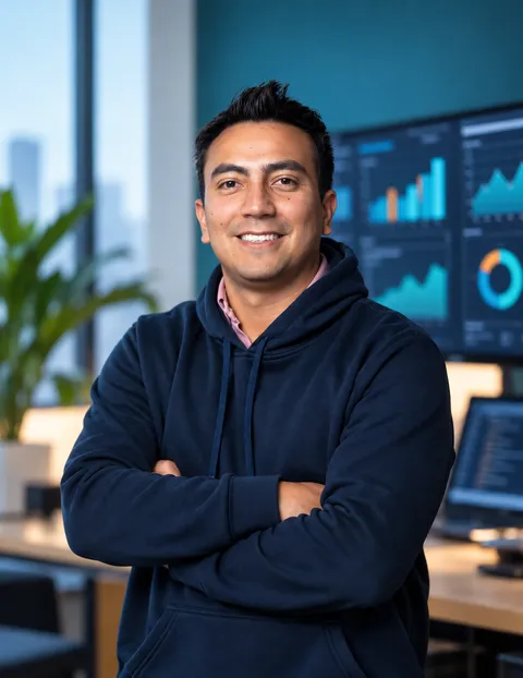 Diego Veloza, fundador de Binius, en su oficina con dashboards de datos de fondo