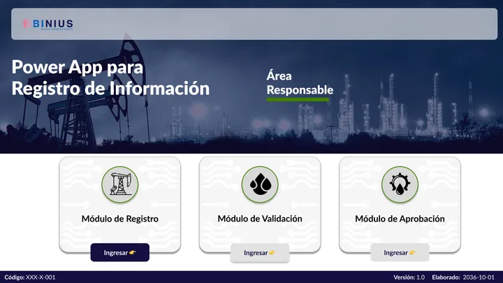 Power App de registro de información — pantalla de inicio con los módulos de registro, validación y aprobación
